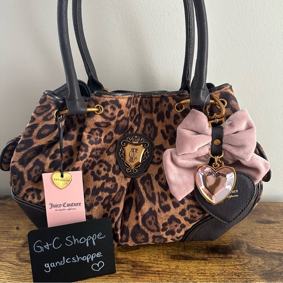 New Juicy Couture Romance Satchel Tote Leopard Handbag Viral Pink Bow Bag Charm - Picture 1 of 8